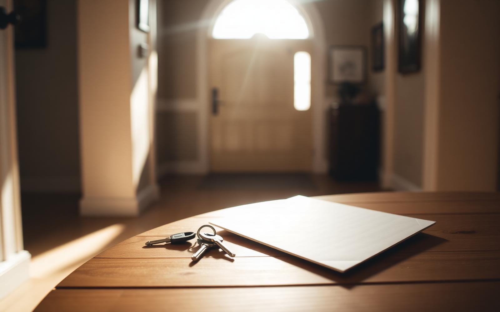 Sunlit home entryway with house keys and a document folder resting on a wooden table